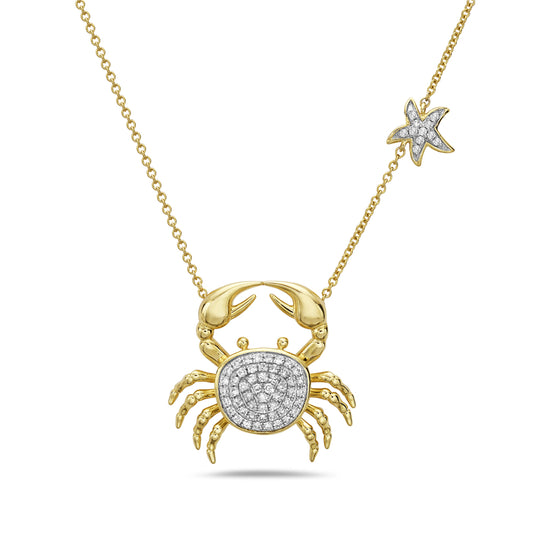 14K 19MM CRAB NECKLACE WITH 62 DIAMONDS 0.24CT, SMALL STARFISH  ON 18 INCHES CABLE CHAIN