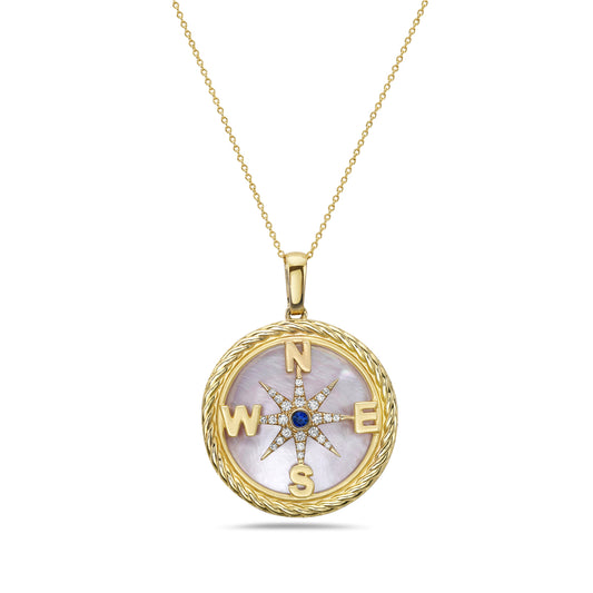 14K 27MM COMPASS NECKLACE WITH 24 DIAMONDS 0.14CT, 1 SAPPHIRE 0.05CT & INLAID PINK MOTHER OF PEARL 18 INCHES