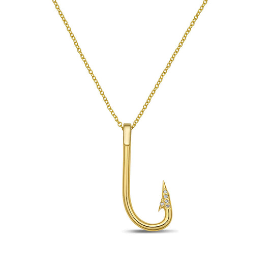 14k 27mm fish hook pendant with 5 diamonds 0.04ct on 18 inches cable chain