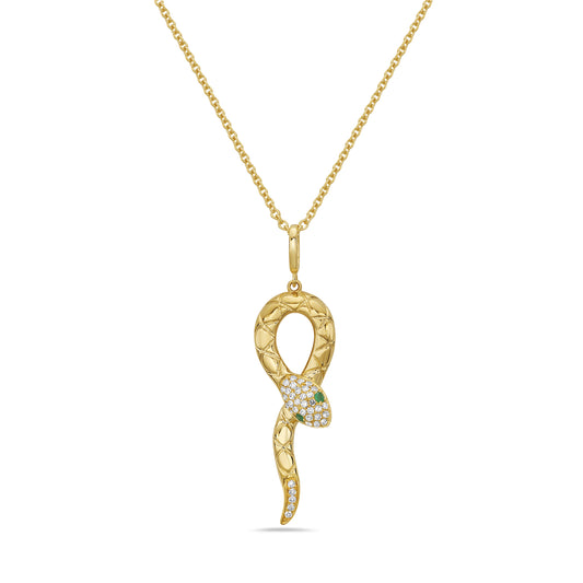 14k 28x10mm snake pendant with 36 diamonds 0.12ct & 2 emeralds 0.03ct on 18 inches cable chain