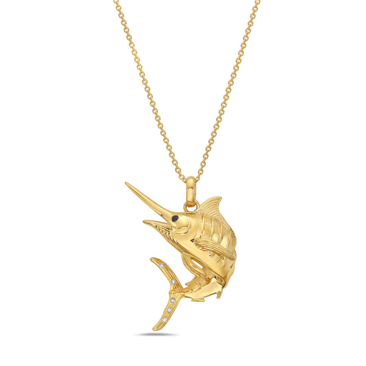 14k 30x26mm marlin pendant with 5 diamonds 0.03ct & 1 black diamond 0.015ct on 18 inches cable chain