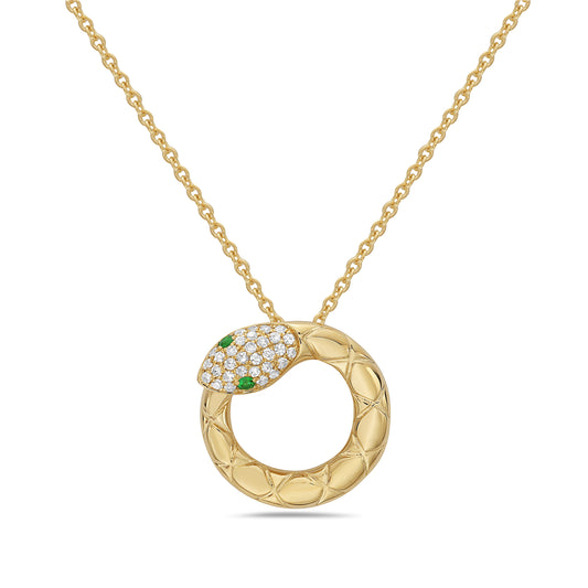 14k 14mm snake pendant with 31 diamonds 0.10ct & 2 emeralds 0.03ct om 18 inches cable chain