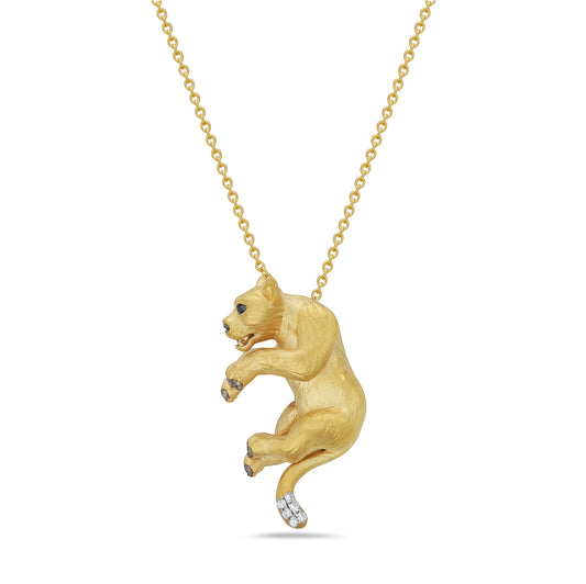 14k 26x14mm puma pendant with 6 diamonds 0.04ct, 2 black diamonds 0.01ct & 13 brown diamonds 0.08ct on 18 inches cable chain