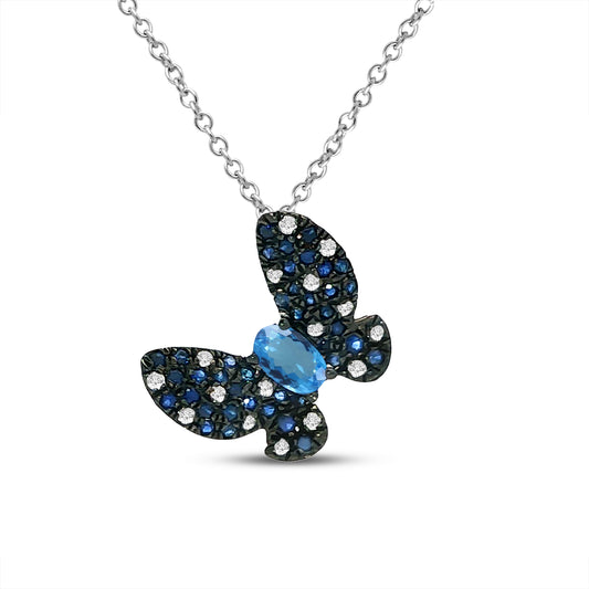 14k 15X12mm butterfly pendant 16 diamonds 0.10ct, 40 rd sapphires 0.27 ct & 1 ov sapphire 0.32ct on 18 inches chain