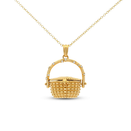 14KY shallow basket necklace with 0.03 ct diamonds on the handle