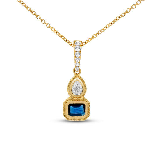 14k 17mm long pendant with 6 round diamonds 0.04ct, 1 pear shape 0.08ct & 1 ec blue sapphire 0.22ct on 18 inches chain
