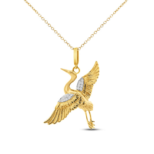 14ky 28x22mm in flight blue heron pendant with 15 diamonds 0.055ct 18 inches chain