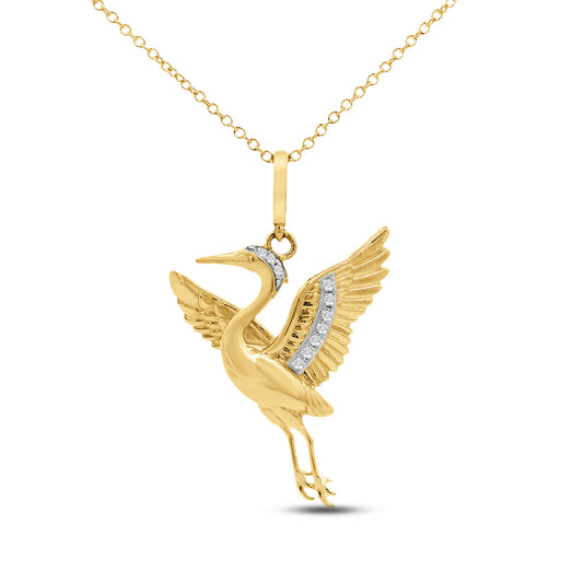 14ky 2x19mm in flight blue heron pendant with 10 diamonds 0.050ct 18 inches chain