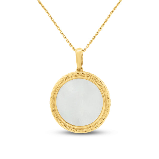 14ky 19mm disk pendant with inlaid mother of pearl 18 inches chain