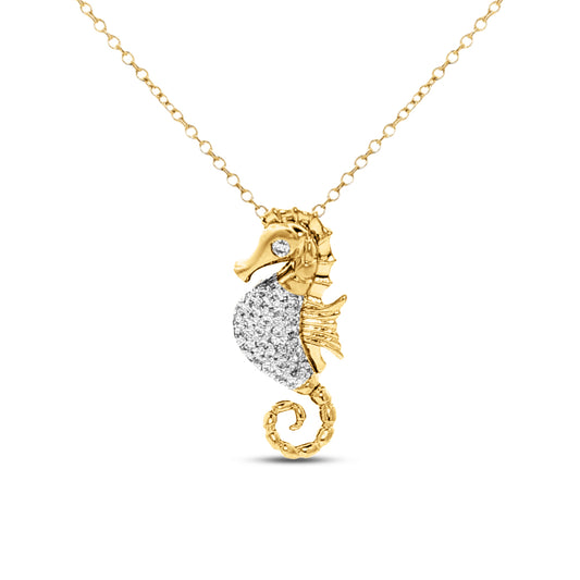 14KY 20.8mm Seahorse pendant with 38 round diamonds 0.15ct on 18 inch cable chain