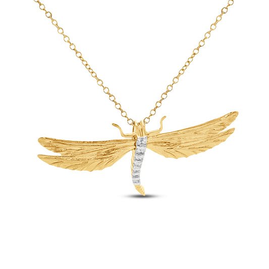 14KY 28x22mm dragonfly pendant with 7 diamonds 0.07ct on 18 inch cable chain