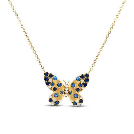14KY 17x12mm Butterfly Necklace with 16 Diamonds 0.095ct & 24 Blue Sapphires 0.55ct 18 inches