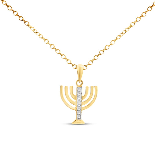 14KY 12mm Menorah pendant with 8 diamonds 0.05ct on 18 inch cable chain