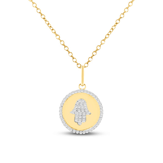 14KY 12mm Hand of God pendant with 65 diamonds 0.21ct on 18 inch cable chain