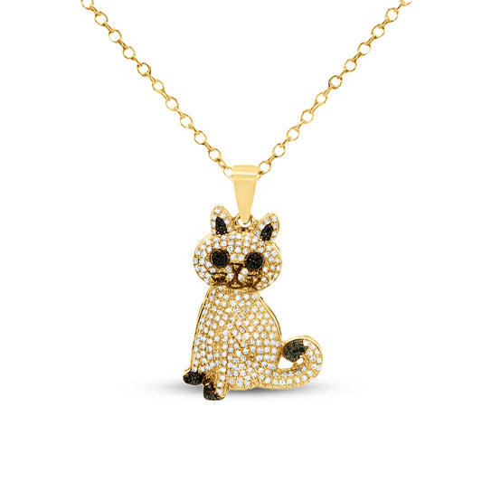 23x17mm 14K cat pendant with 249 diamonds 0.4ct. and black diamonds 0.05ct on 18 inch cable chain
