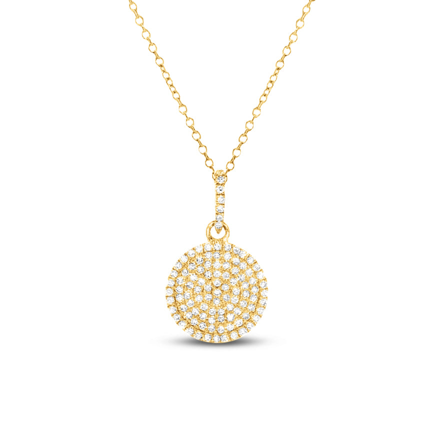 9mm 14K round pendant with 108 diamonds 0.21ct. on 18 inch cable chain
