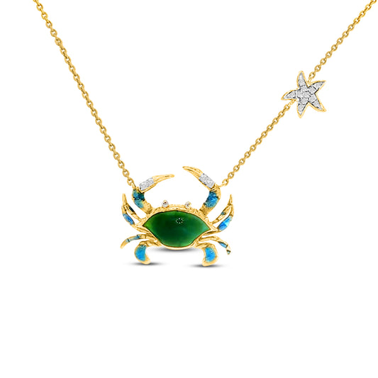 14K ENAMELED CRAB & DIAMOND STARFISH NECKLACE