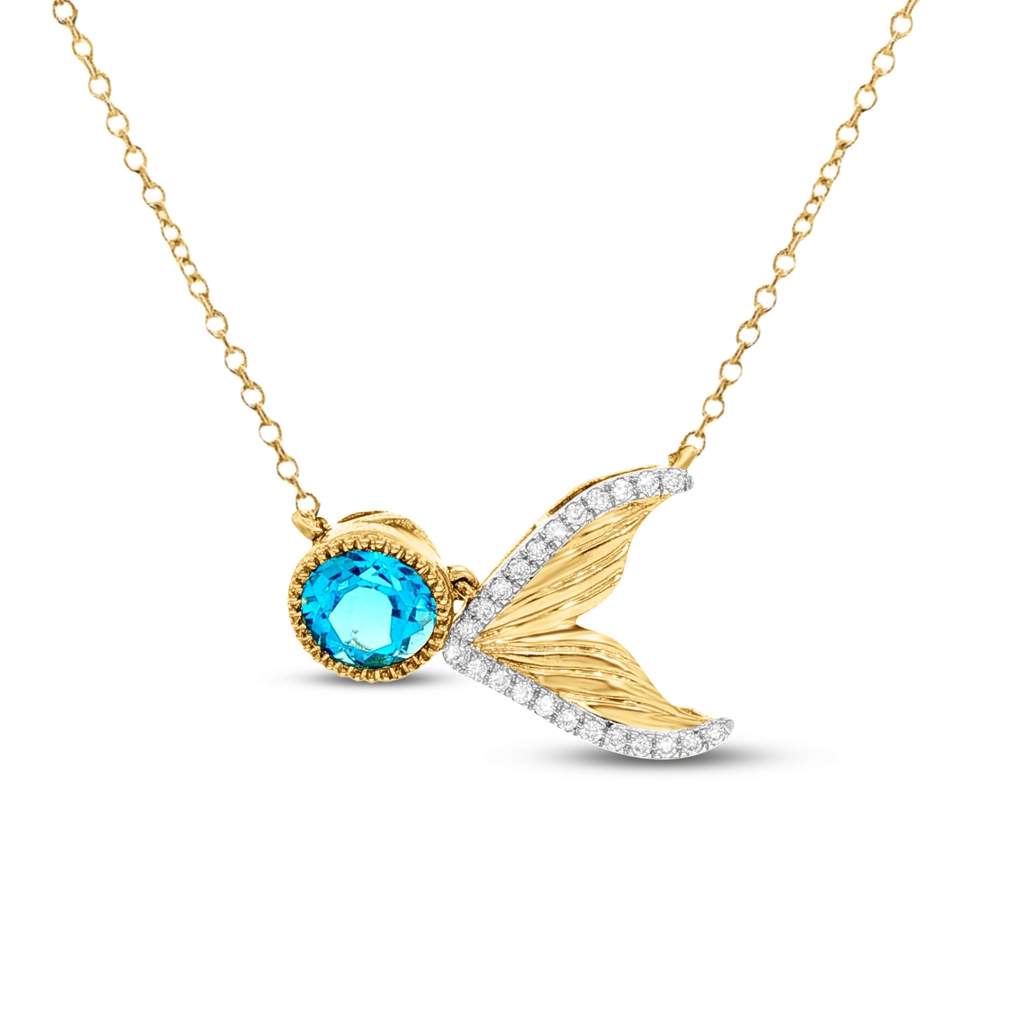 14ky tale whale necklace with 23 diamonds 0.12ct & blue topaz 1.50ct 18 inches