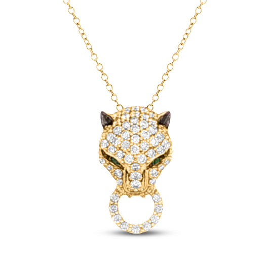 14k 18x9mm panther pendant with 70 diamonds 0.46ct & 2 emeralds 0.01ct on 18 inches chain