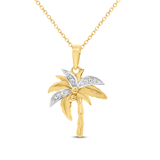 Gold plated sterling silver palm tree pendant with etching in silver palm fronds