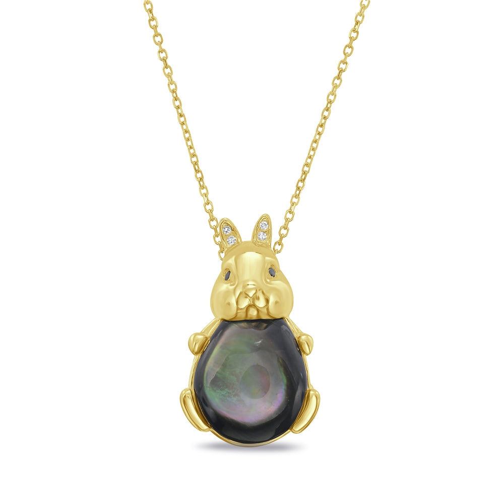 14k 22x12.5mm mother of pearl bunny pendant with 2 diamonds 0.02ct & 2 black diamonds 0.002ct on 18 inches chain