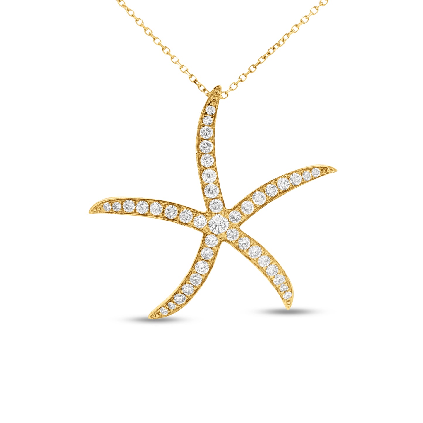 14KY 33mm x 33mm Starfish Necklace 41 round Diamonds totaling 1.0 ct. on 18 inch chain
