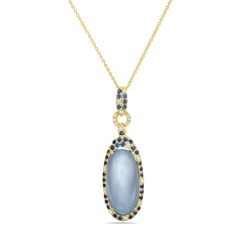 14k oval pendant with doublet blue topaz 6.60ct, 36 blue sapphires 0.32ct & 18 diamonds 0.10ct on 18 inches chain 5.5