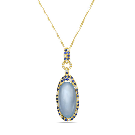 14k oval pendant with doublet blue topaz 6.60ct, 36 blue sapphires 0.32ct & 18 diamonds 0.10ct on 18 inches chain 5.5
