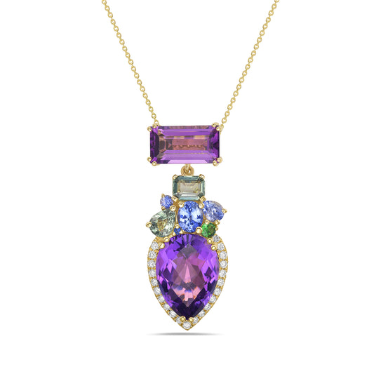 14k geometric shape pendant with 2 amethyst 7.21ct, 1 green garnet 0.06ct, 2 fancy green sapphire 1.20ct, 4 fancy blue sapphire 0.56ct & 22 diamonds 0.18ct on 18 inches chain 5.5