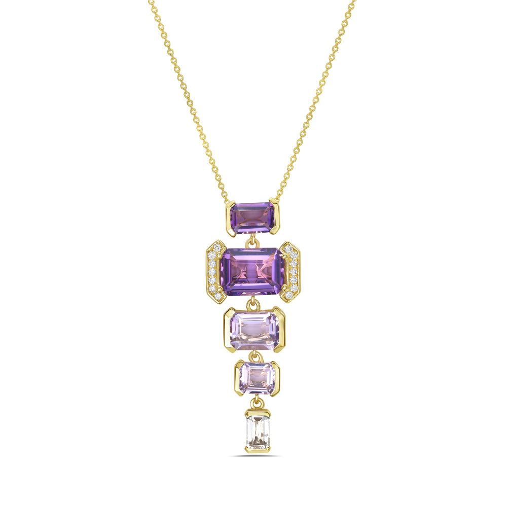 14k geometric shape pendant with 1 white topaz 0.26ct, 4 amethyst 3.31ct & 14 diamonds 0.07ct on 18 inches chain 5.5