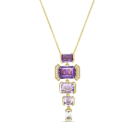 14k geometric shape pendant with 1 white topaz 0.26ct, 4 amethyst 3.31ct & 14 diamonds 0.07ct on 18 inches chain 5.5