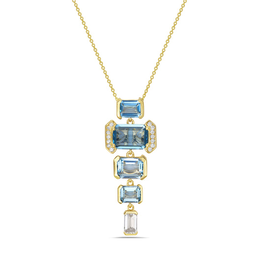 14k geometric shape pendant with 1 white topaz 0.33ct, 4 blue topaz 4.12ct & 14 diamonds 0.07ct on 18 inches chain 5.5