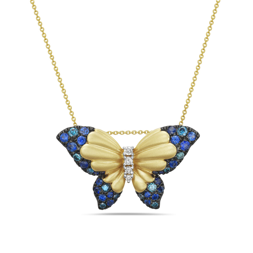 14K butterfly pendant with 9 blue diamonds 0.21ct, 4 white diamonds 0.04ct & 24 blue sapphires 0.53ct on 18 inches chain 5.5