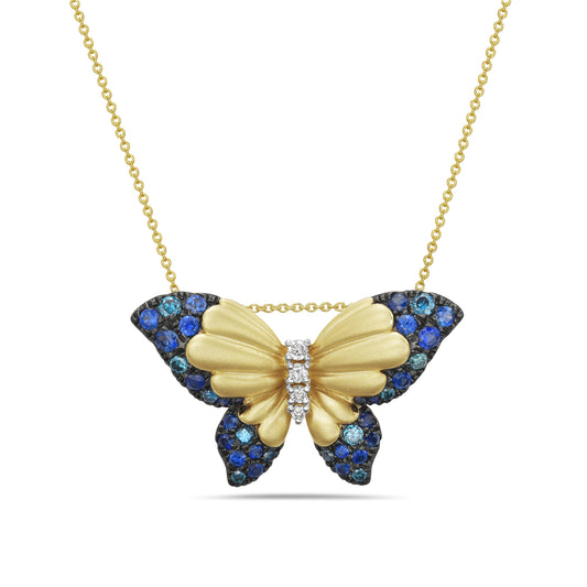 14K butterfly pendant with 9 blue diamonds 0.21ct, 4 white diamonds 0.04ct & 24 blue sapphires 0.53ct on 18 inches chain 5.5