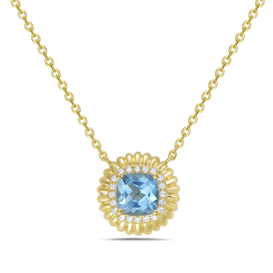 14KY round necklace with 1 blue topaz 1.19ct and 20 diamonds 0.10ct tw 5.5