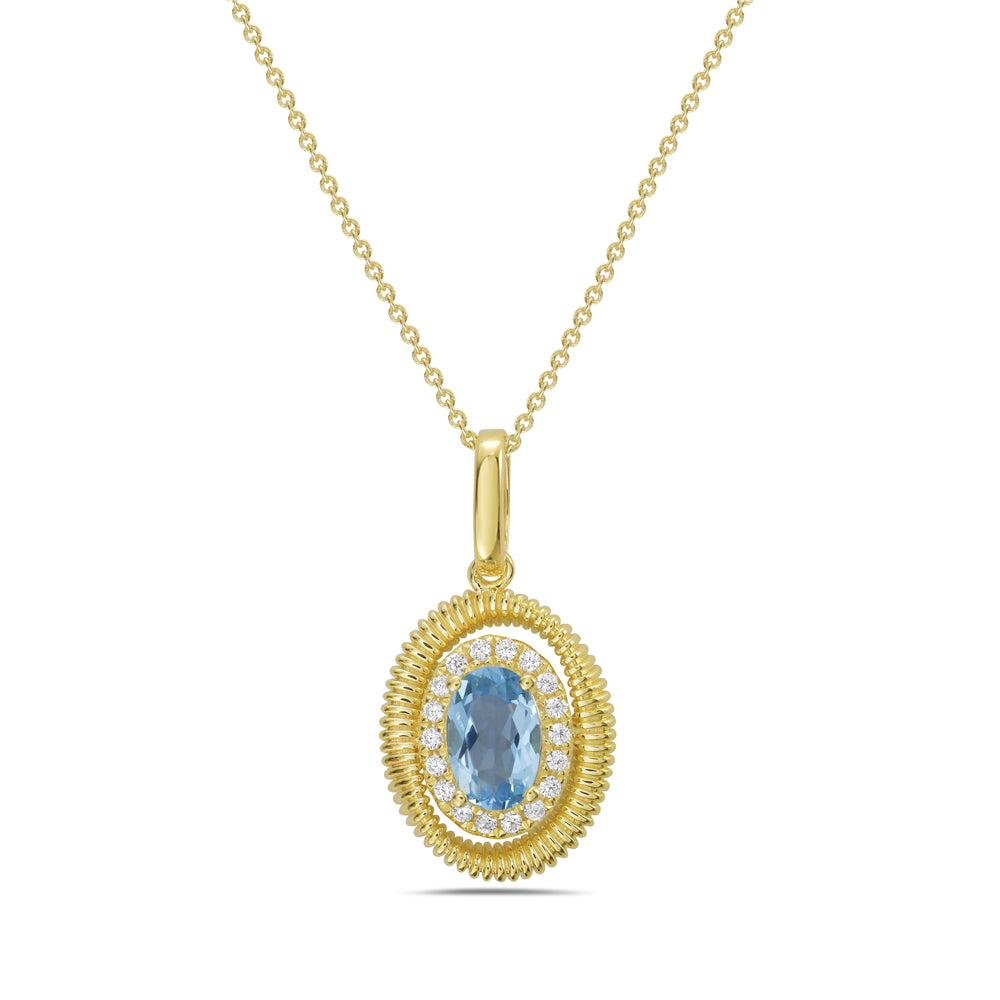 14KY pendant with 1 blue topaz 0.54ct and 18 diamonds 0.07ct tw on a 1 gram 18 inch chain 5.5