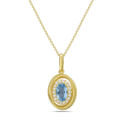 14KY pendant with 1 blue topaz 0.54ct and 18 diamonds 0.07ct tw on a 1 gram 18 inch chain 5.5