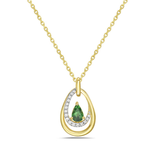 14KY necklace with 1 green garnet 0.40ct and 17 diamonds 0.10ct tw 5.5