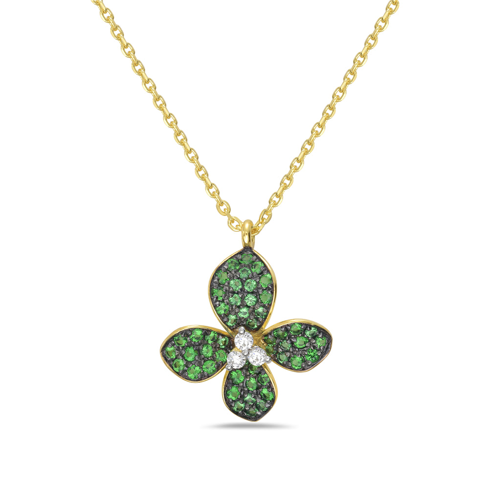 14KY leaf necklace with 50 dark green garnets 0.70 ct tw and 3 diamonds 0.081ct tw 5.5