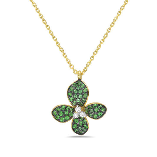 14KY leaf necklace with 50 dark green garnets 0.70 ct tw and 3 diamonds 0.081ct tw 5.5