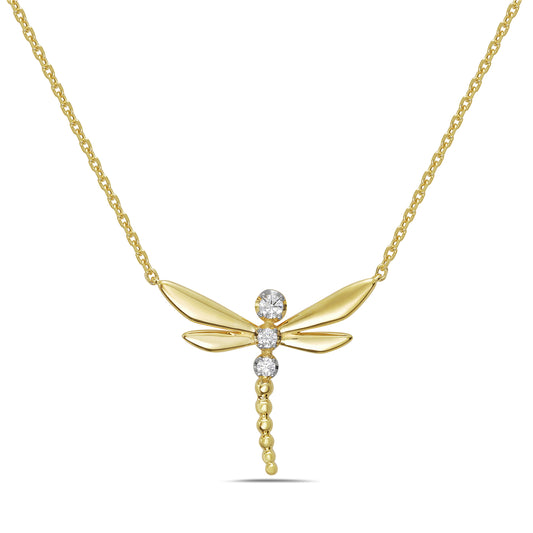14KY dragonfly necklace with 3 round diamonds 0.09ct tw 5.5