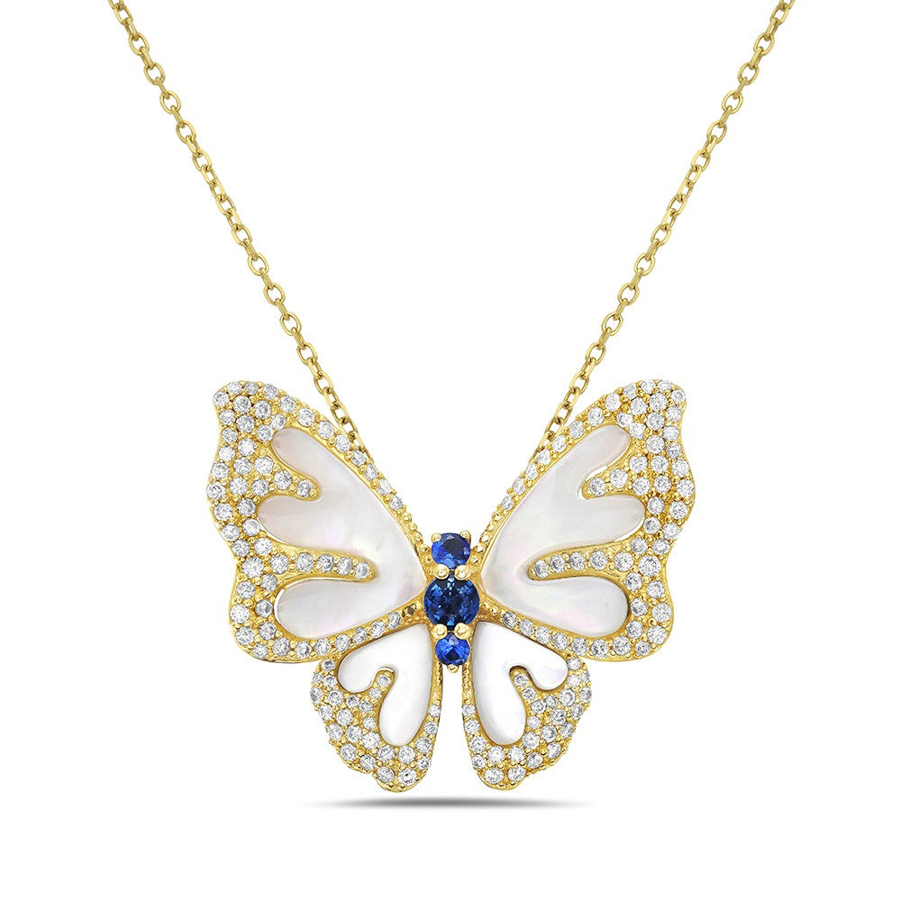 "Ethereal Butterfly" in 14K Gold with Sapphires, Diamonds, & Mother of Pearl