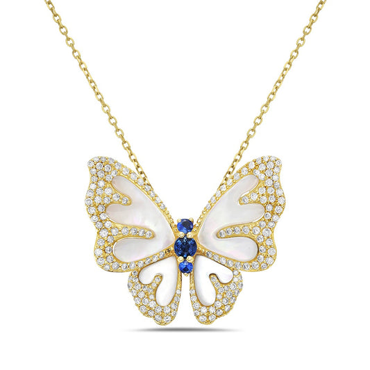 "Ethereal Butterfly" in 14K Gold with Sapphires, Diamonds, & Mother of Pearl  5.2