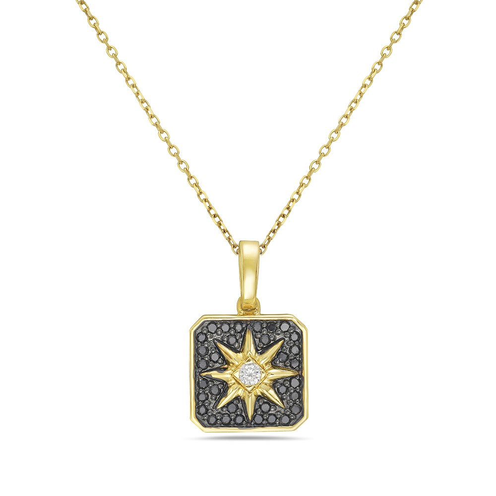 "Glistening Star" Necklace in 14K Gold with White & Black Diamonds