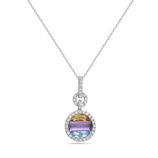 14K 12MM ROUND PENDANT WITH 43 DIAMONDS 0.17CT, CITRINE 0.34CT, BLUE TOPAZ 0.42CT & AMETHYST 0.64CT ON 18 INCHES 1.3G CABLE CHAIN