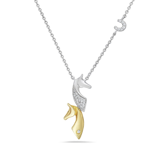 14K 2 TONE DOUBLE HORSE NECKLACE, 1" TALL WITH 27 DIAMONDS 0.12C, 18" CHAIN