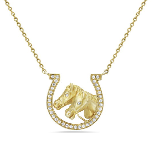 14K DOUBLE HORSE HEAD NECKLACE 37 DIAMONDS 0.20C, 18