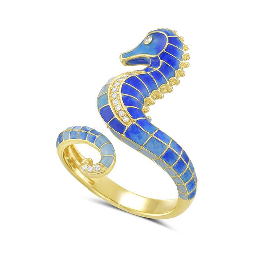 14KY blue enameled seahorse ring with 14 diamonds 0.05ct tw 5.5