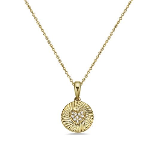 14K YELLOW GOLD,  10 DIAMONDS 0.04CT ROUND PENDANT WITH HEART CENTER ON 18 INCHES CHAIN