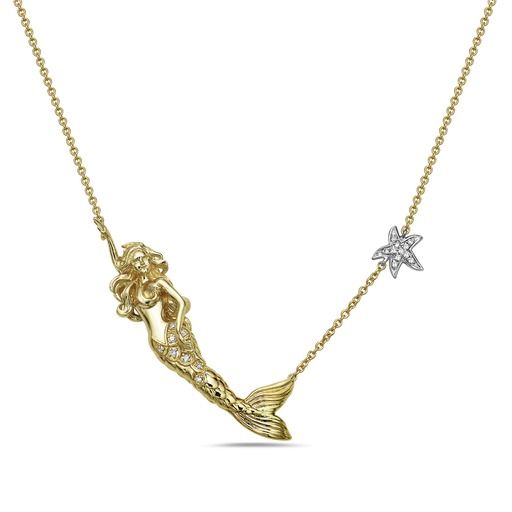 14K TWO TONE NECKLACE WITH YELLOW MERMAID PENDANT AND STARFISH ON CHAIN. WITH 20 DIAMONDS 0.090CT ON 18 INCHES CABLE CHAIN